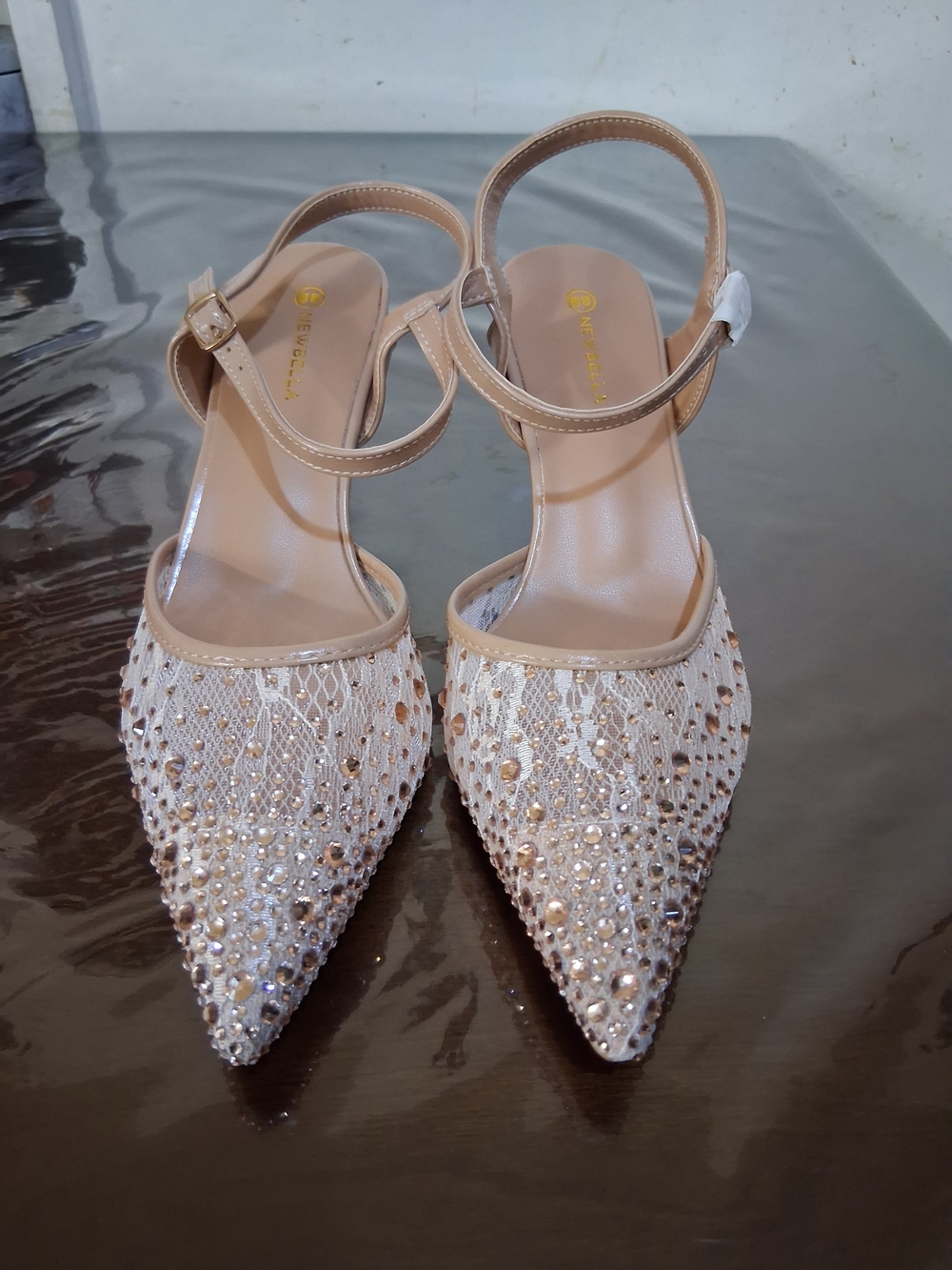 NEWBELLA Women's Rhinestone Stiletto Pumps-Sparkly Mesh Pointed Toe High Heels